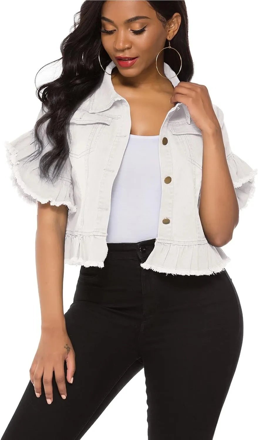 Suvimuga Women's Denim Jacket Button Down Distressed Ruffle Sleeve Crop Jean Jackets Coat