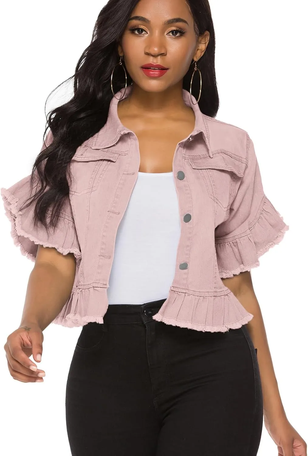 Suvimuga Women's Denim Jacket Button Down Distressed Ruffle Sleeve Crop Jean Jackets Coat