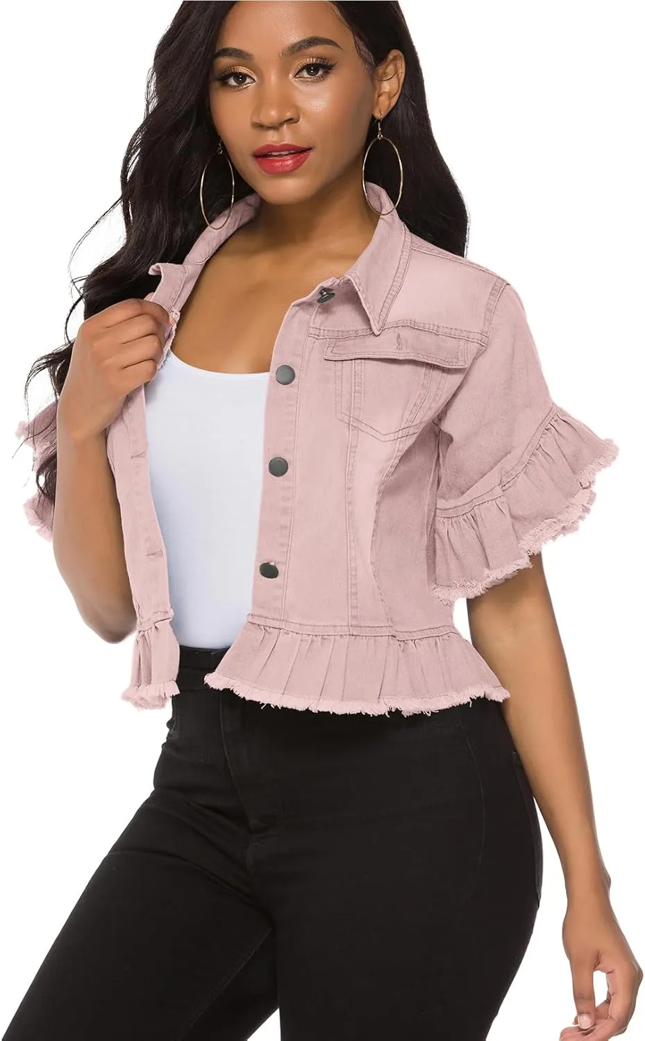 Suvimuga Women's Denim Jacket Button Down Distressed Ruffle Sleeve Crop Jean Jackets Coat