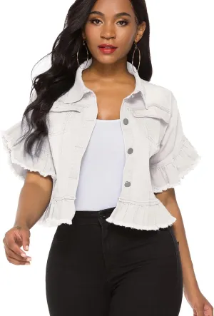 Suvimuga Women's Denim Jacket Button Down Distressed Ruffle Sleeve Crop Jean Jackets Coat