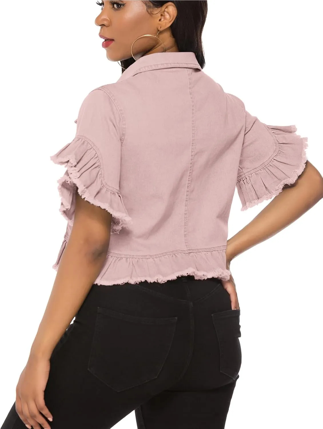 Suvimuga Women's Denim Jacket Button Down Distressed Ruffle Sleeve Crop Jean Jackets Coat