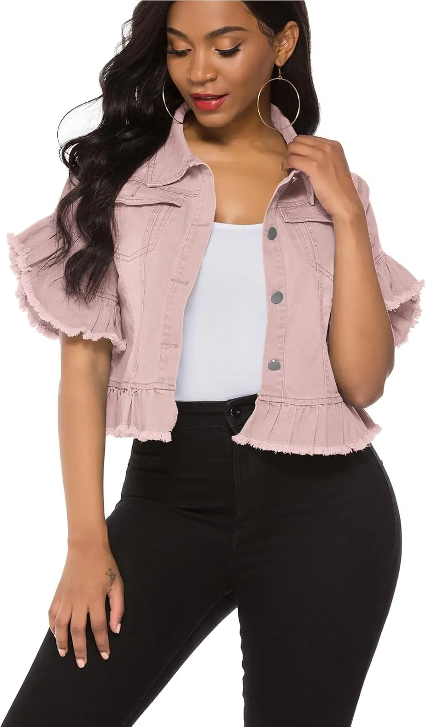 Suvimuga Women's Denim Jacket Button Down Distressed Ruffle Sleeve Crop Jean Jackets Coat