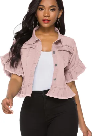 Suvimuga Women's Denim Jacket Button Down Distressed Ruffle Sleeve Crop Jean Jackets Coat