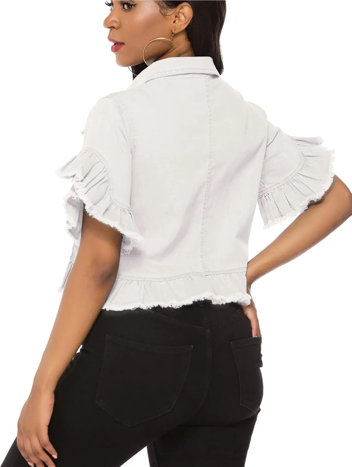 Suvimuga Women's Denim Jacket Button Down Distressed Ruffle Sleeve Crop Jean Jackets Coat