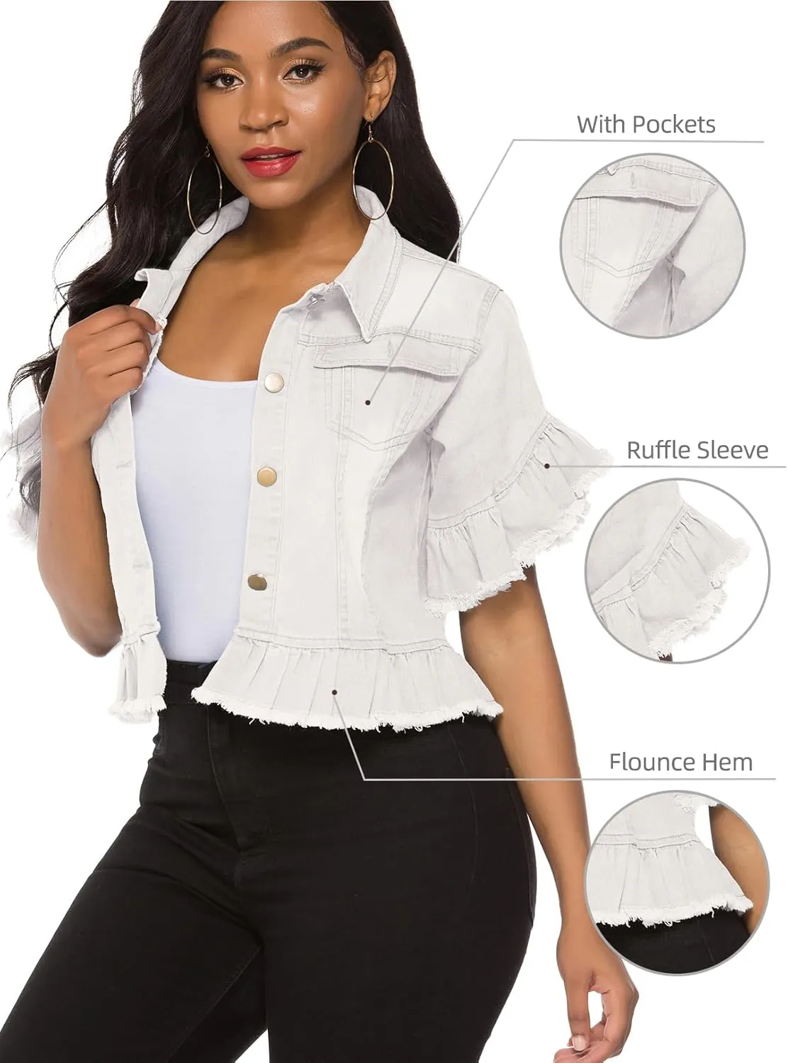 Suvimuga Women's Denim Jacket Button Down Distressed Ruffle Sleeve Crop Jean Jackets Coat