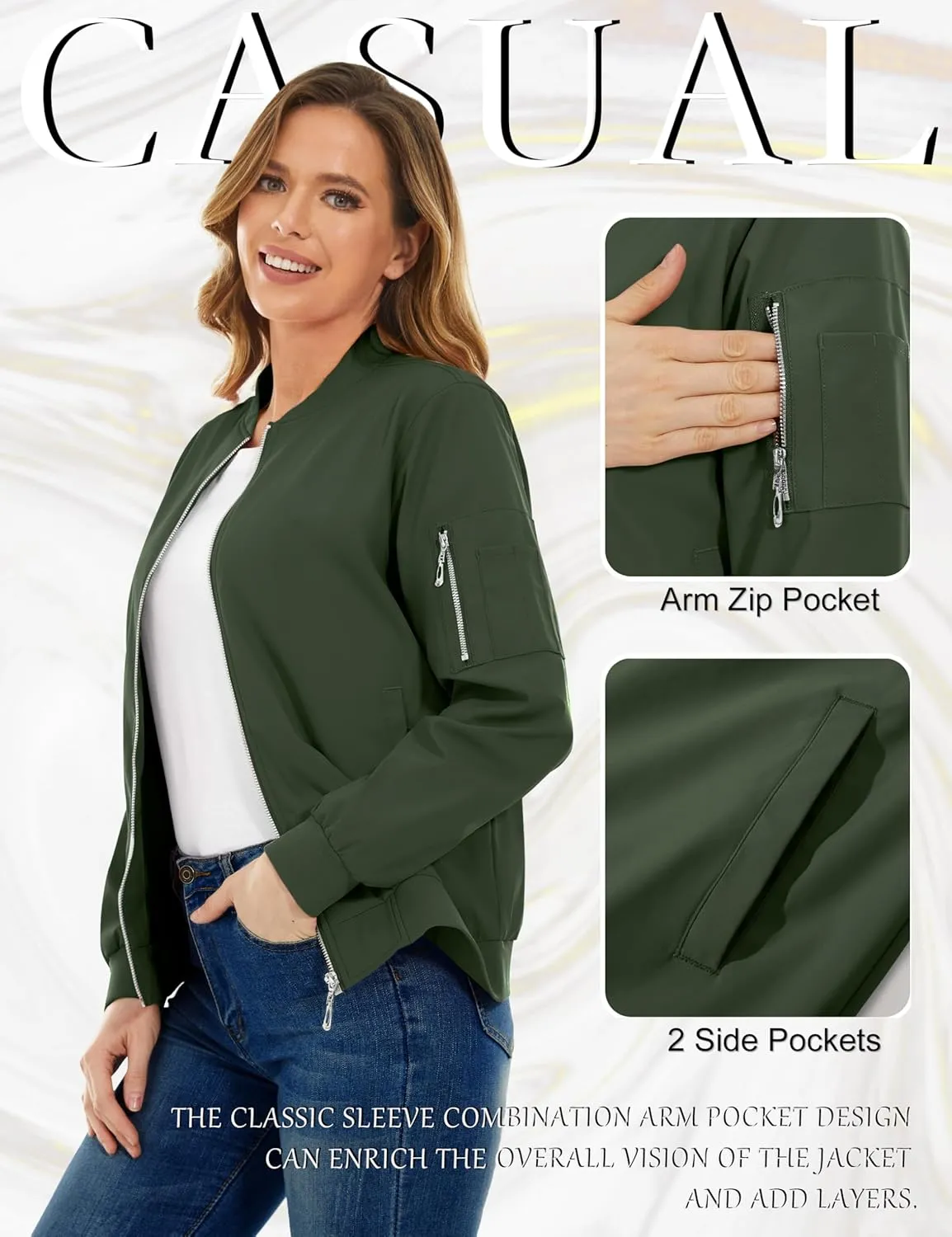 TACVASEN Women's Bomber Jackets Lightweight Casual Jacket Full Zip Windbreaker Fall Jacket
