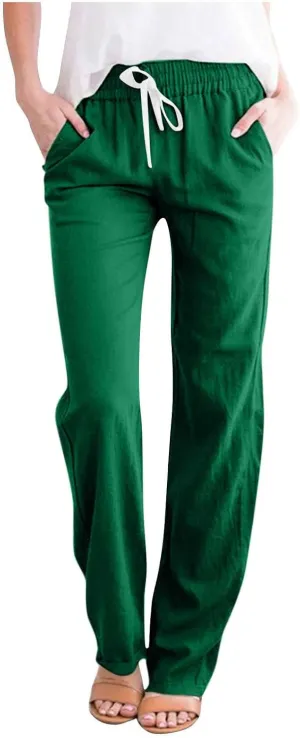TANGNADE Cotton Linen Pants Summer 2024 Wide Leg Casual Loose Drawstring High Waist Palazzo Pants Trousers with Pockets