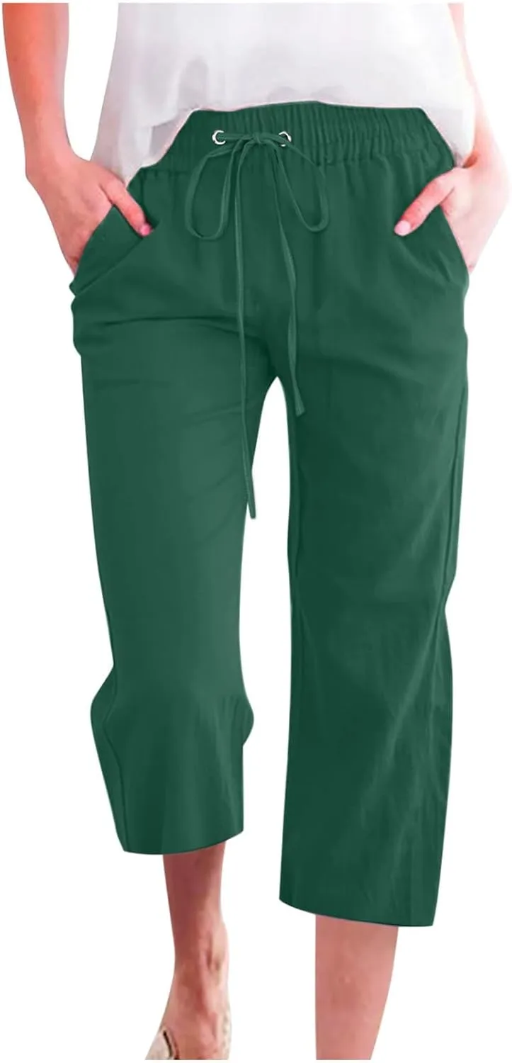 TARIENDY Stretchy Capris for Women Women's high Waist Wide Leg Capris 2025 Summer Casual Outfits Elastic Drawstring Pants