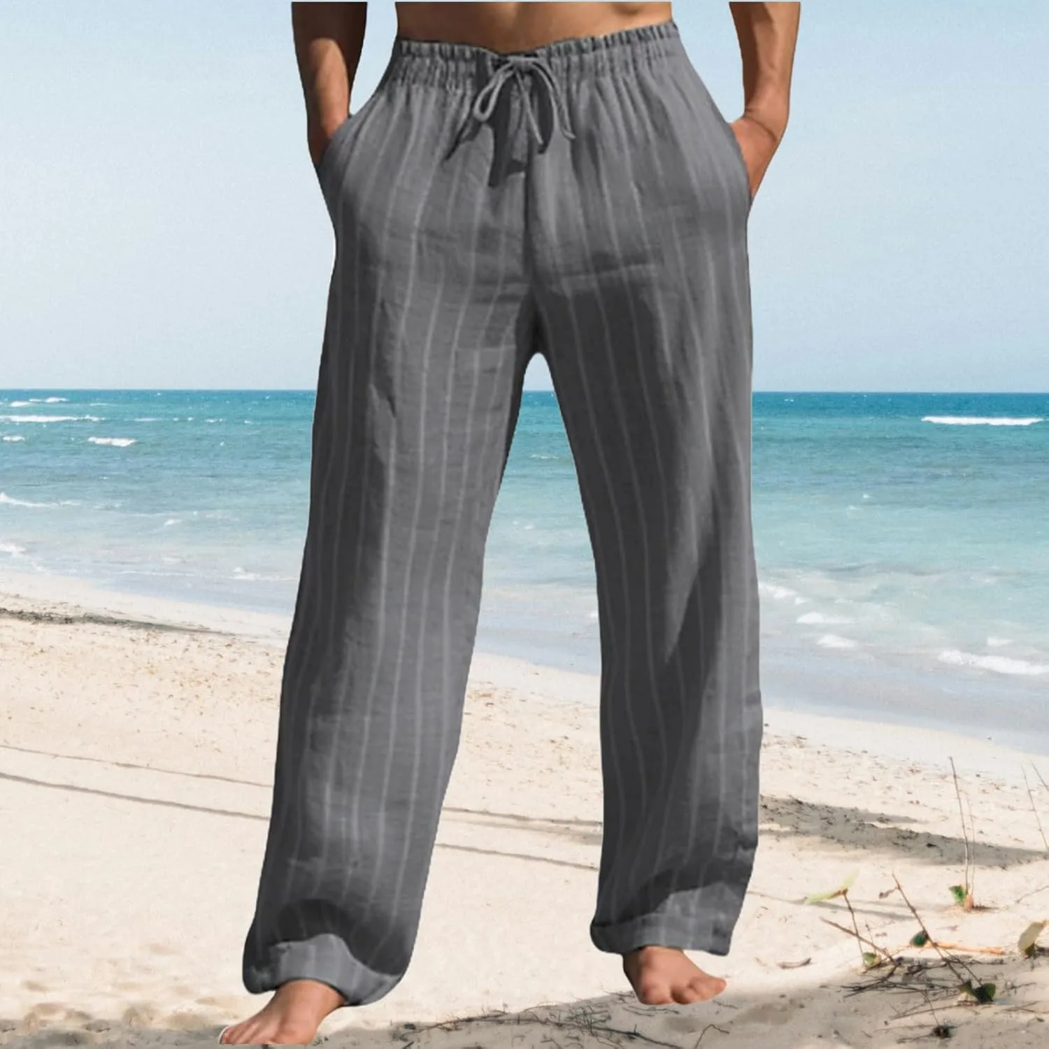 Thatrich Stretch Linen Pants Men Breathable Quick Dry Pant for Beach Jogging Yoga Elastic Waist Baggy Fit Trouser Comfy Slack