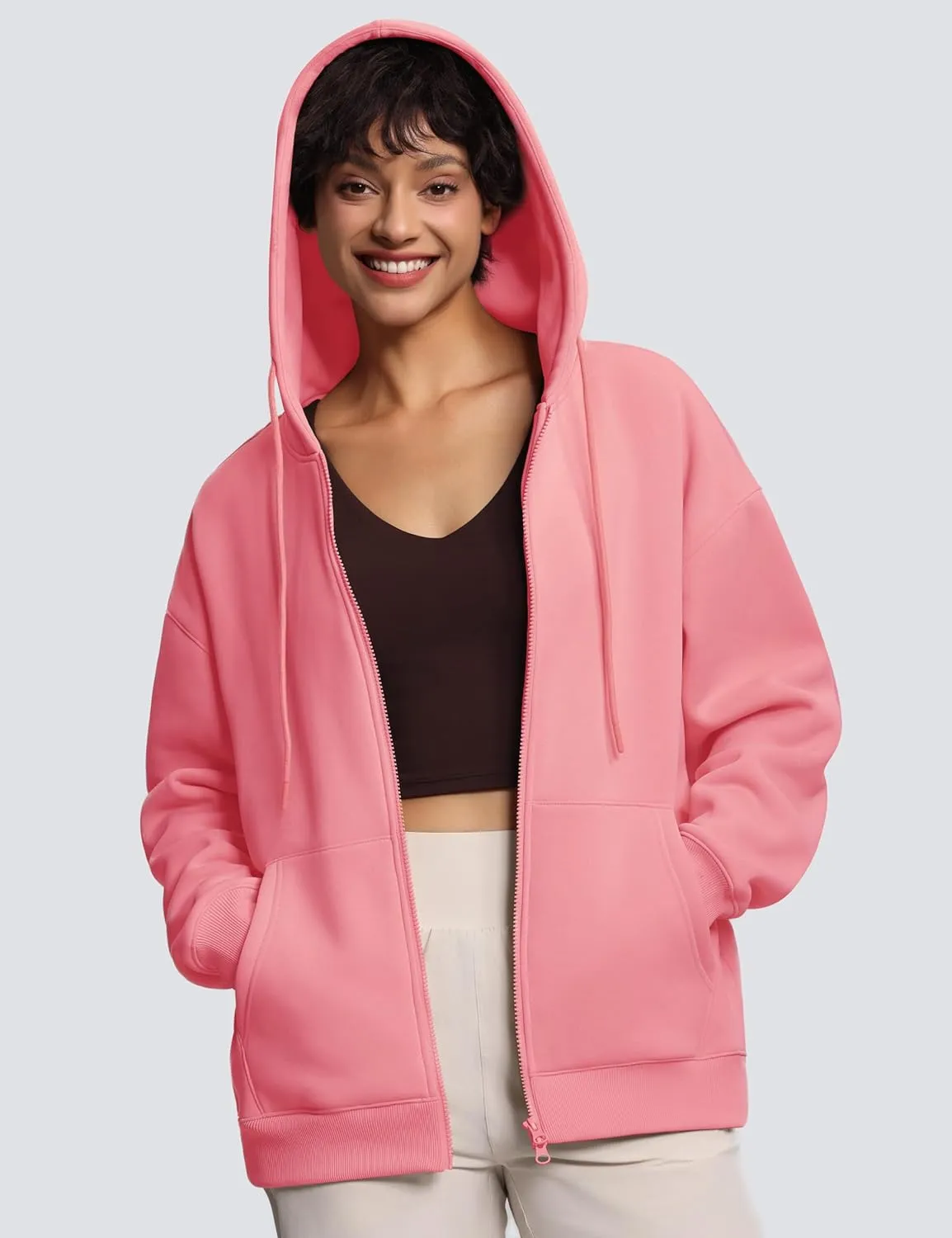 THE GYM PEOPLE Womens Oversized Fleece Hoodies Full-Zip Workout Lounge Hooded Coats Fall Tops with Pockets Drawstring