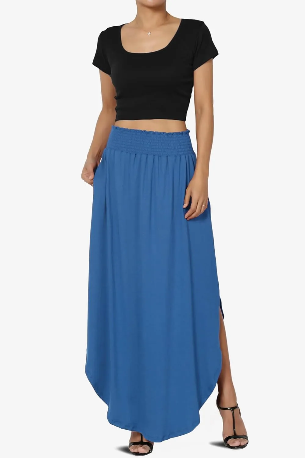TheMogan Women's Smocked Waist Band Side Split Curved Hem Long Maxi Skirt with Pocket
