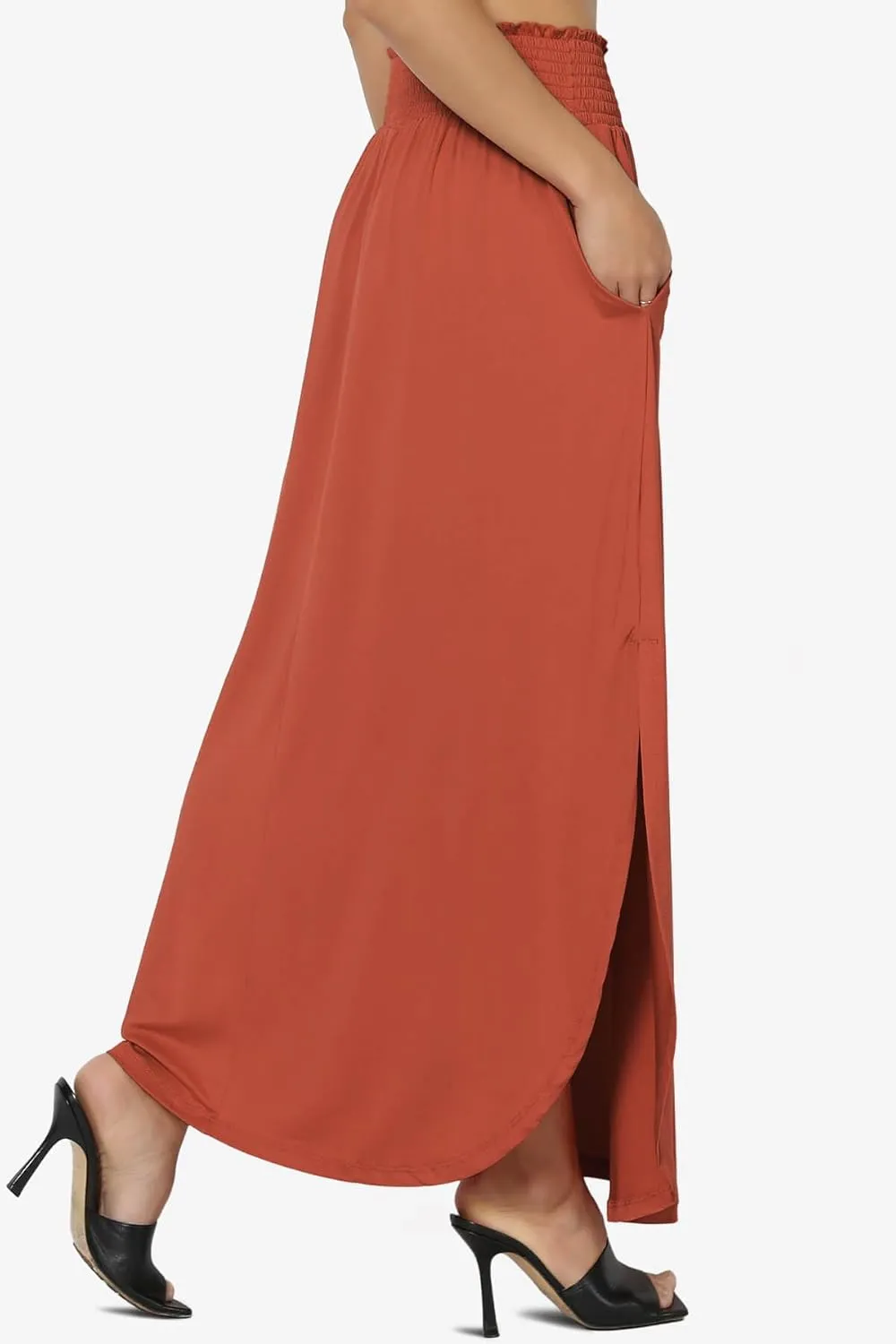 TheMogan Women's Smocked Waist Band Side Split Curved Hem Long Maxi Skirt with Pocket
