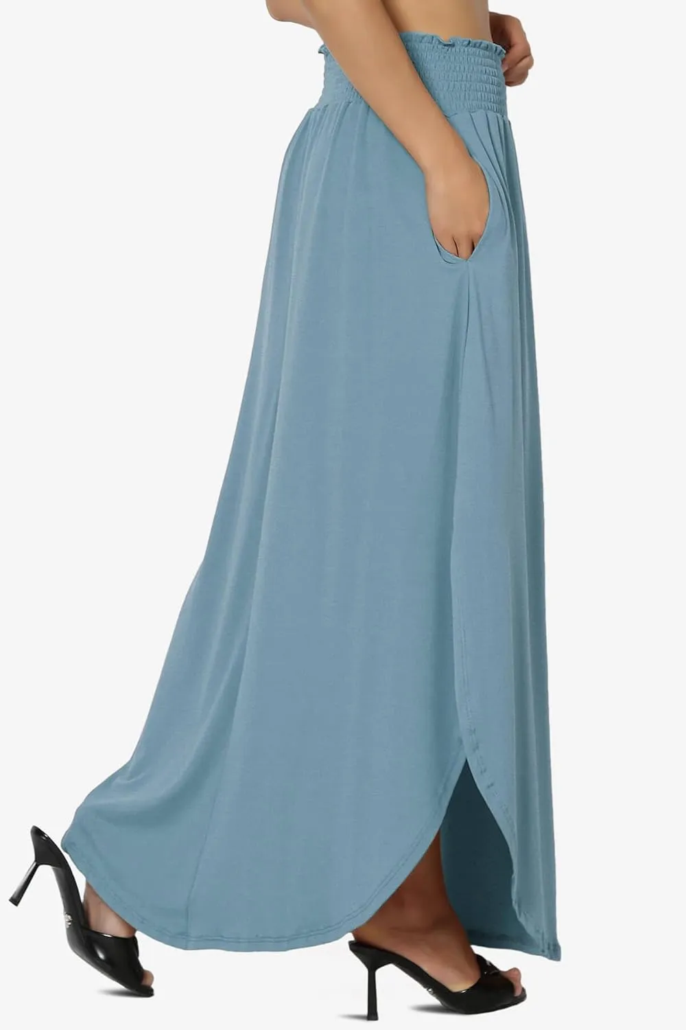 TheMogan Women's Smocked Waist Band Side Split Curved Hem Long Maxi Skirt with Pocket