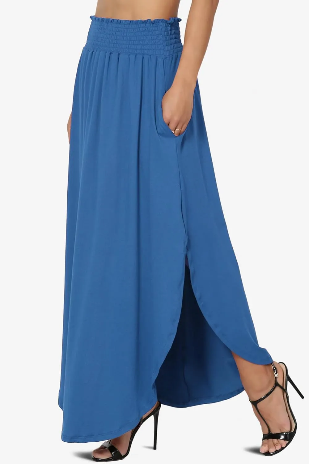 TheMogan Women's Smocked Waist Band Side Split Curved Hem Long Maxi Skirt with Pocket