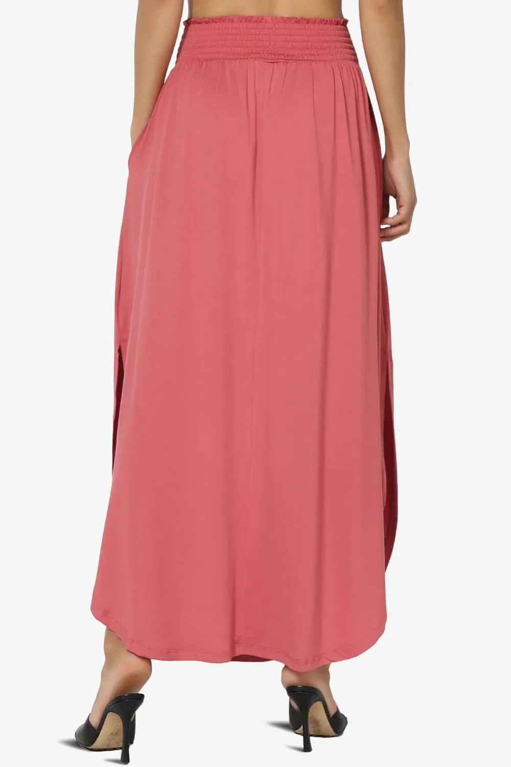 TheMogan Women's Smocked Waist Band Side Split Curved Hem Long Maxi Skirt with Pocket