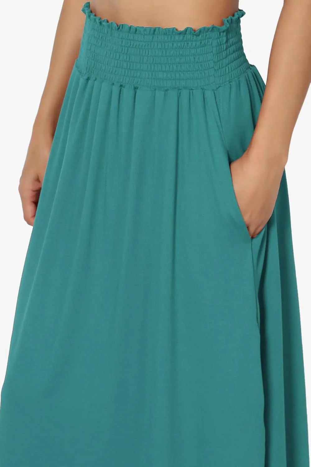 TheMogan Women's Smocked Waist Band Side Split Curved Hem Long Maxi Skirt with Pocket