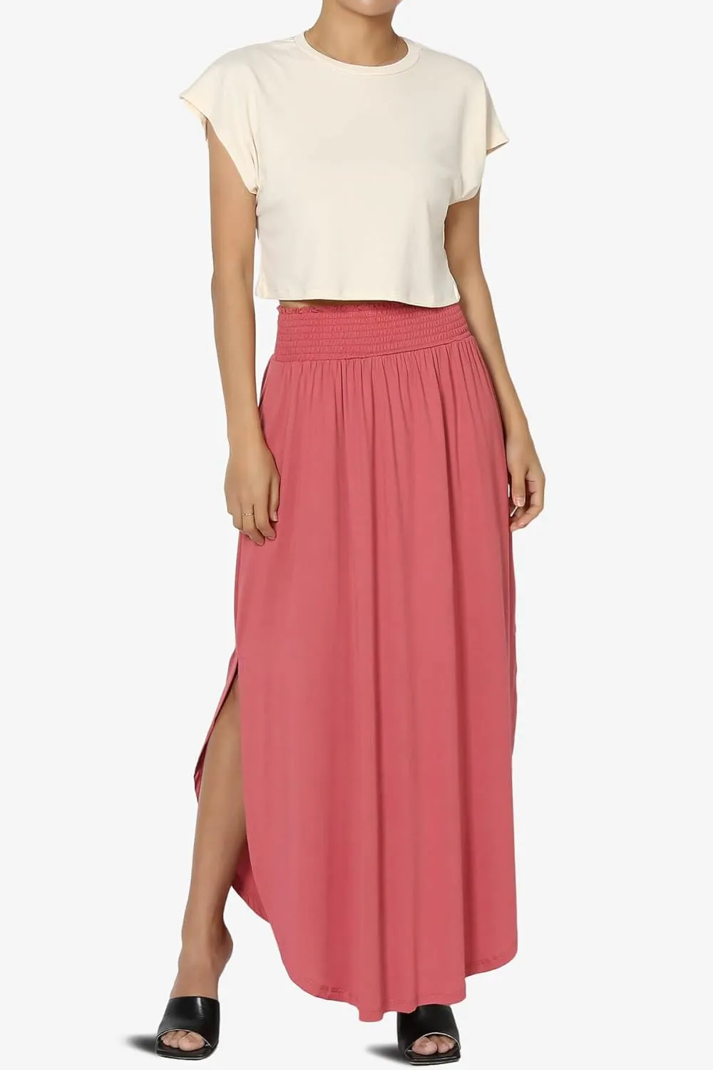 TheMogan Women's Smocked Waist Band Side Split Curved Hem Long Maxi Skirt with Pocket