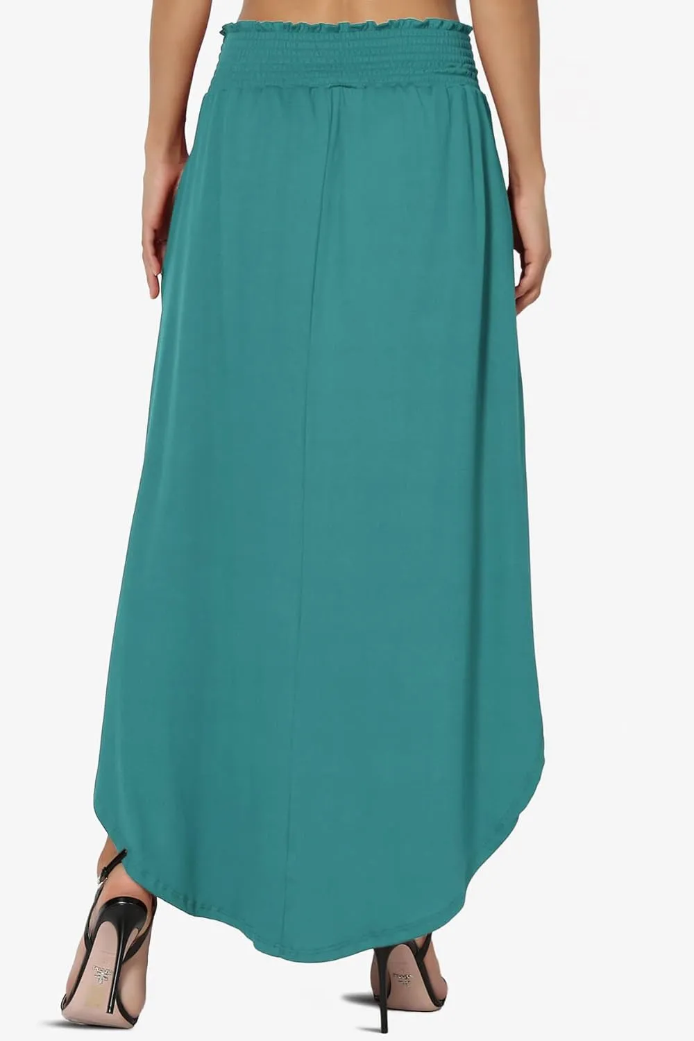TheMogan Women's Smocked Waist Band Side Split Curved Hem Long Maxi Skirt with Pocket