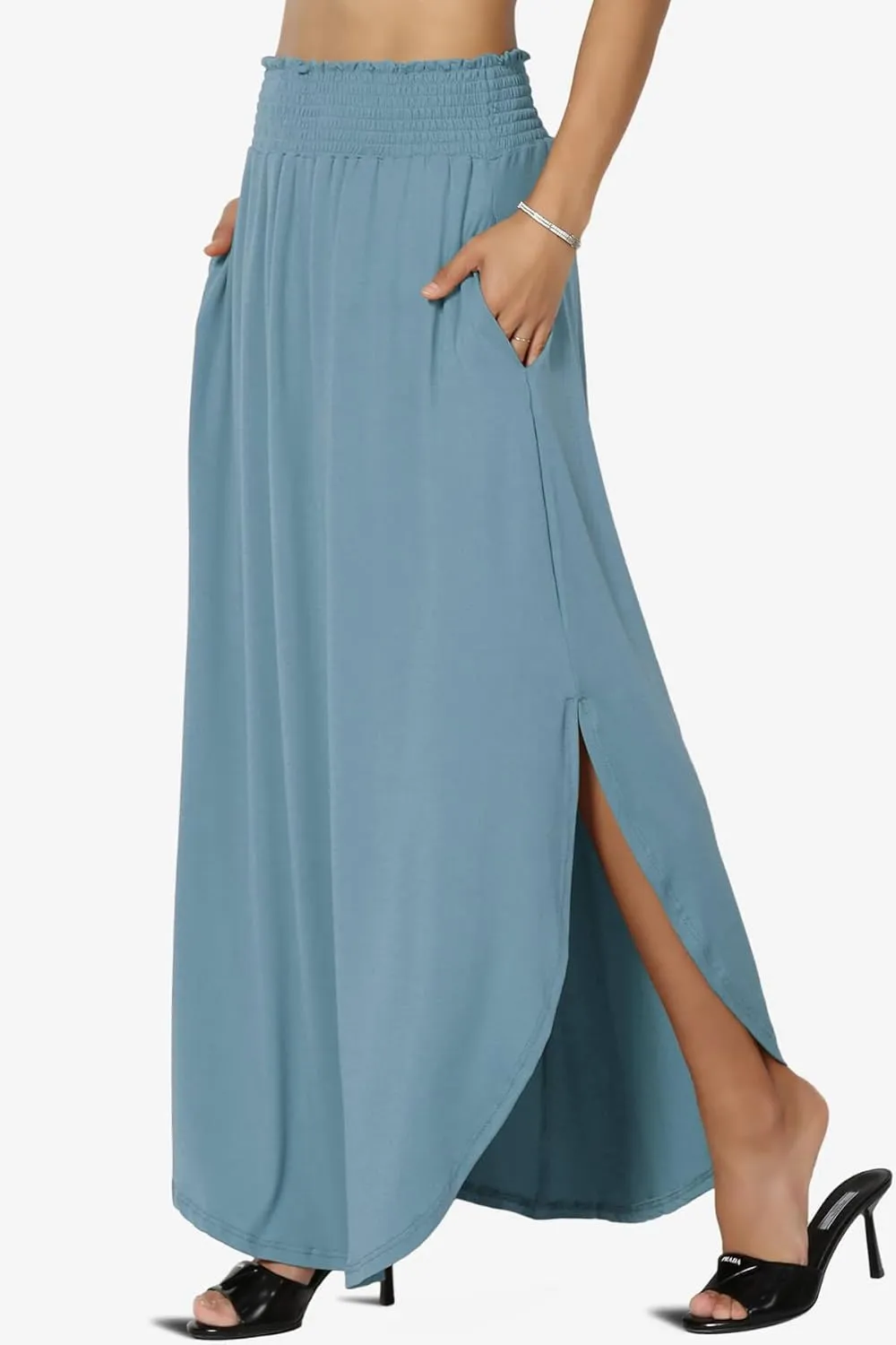 TheMogan Women's Smocked Waist Band Side Split Curved Hem Long Maxi Skirt with Pocket