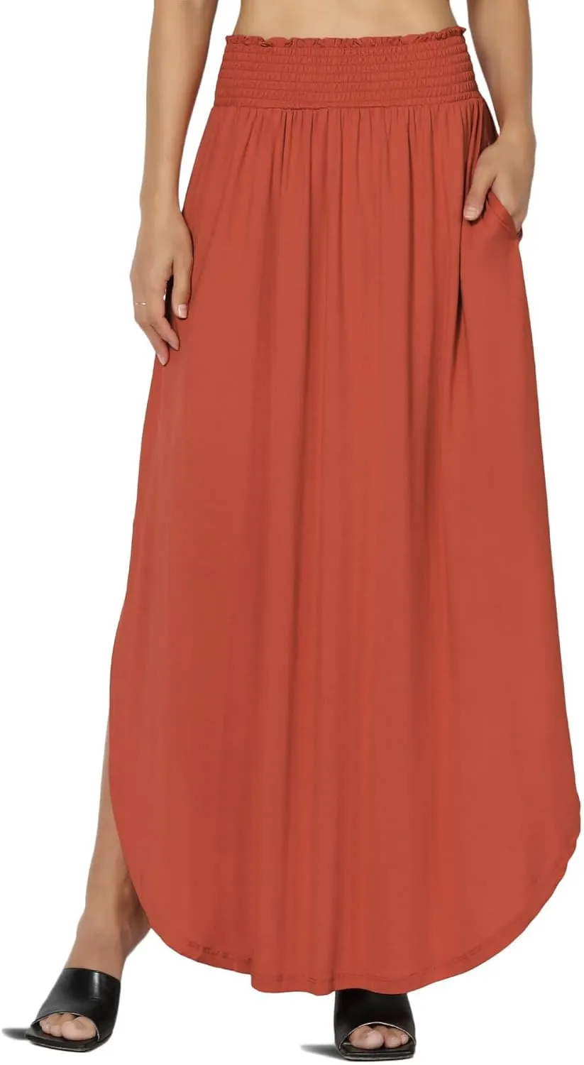 TheMogan Women's Smocked Waist Band Side Split Curved Hem Long Maxi Skirt with Pocket