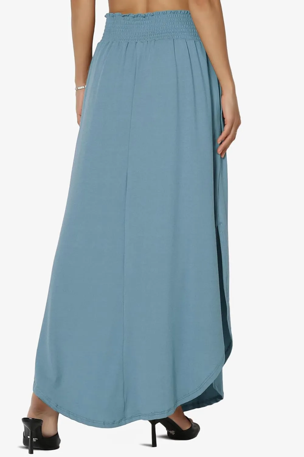 TheMogan Women's Smocked Waist Band Side Split Curved Hem Long Maxi Skirt with Pocket