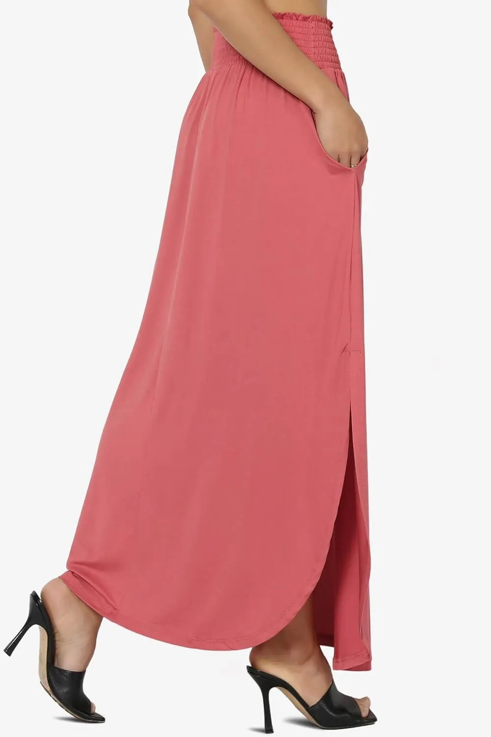 TheMogan Women's Smocked Waist Band Side Split Curved Hem Long Maxi Skirt with Pocket