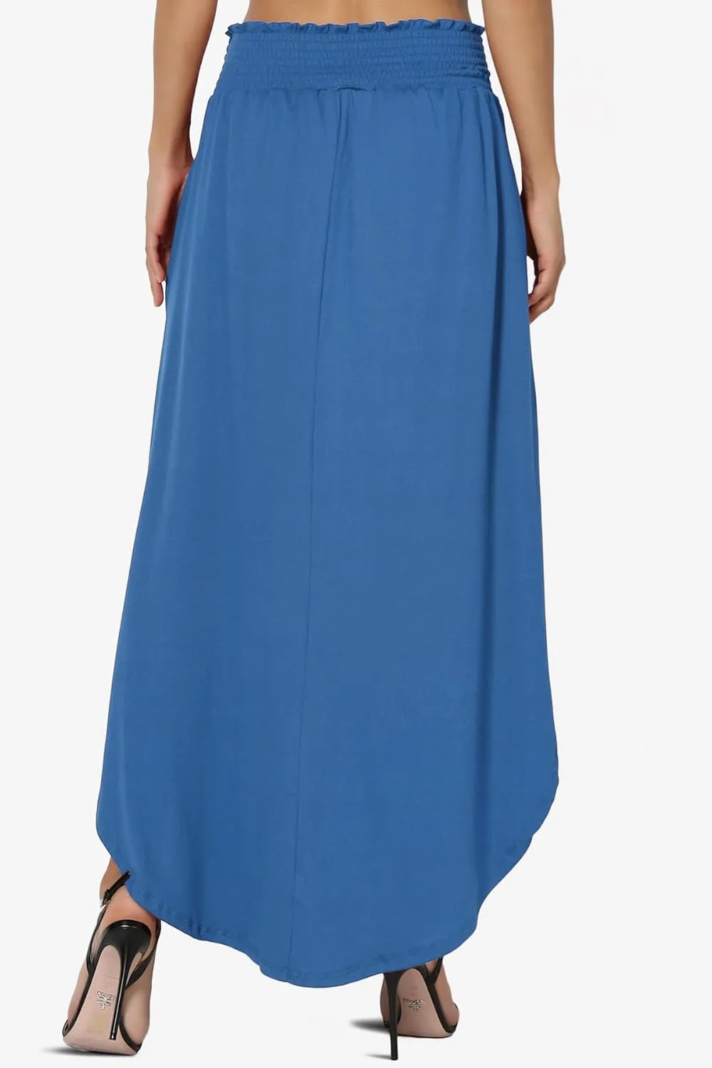 TheMogan Women's Smocked Waist Band Side Split Curved Hem Long Maxi Skirt with Pocket