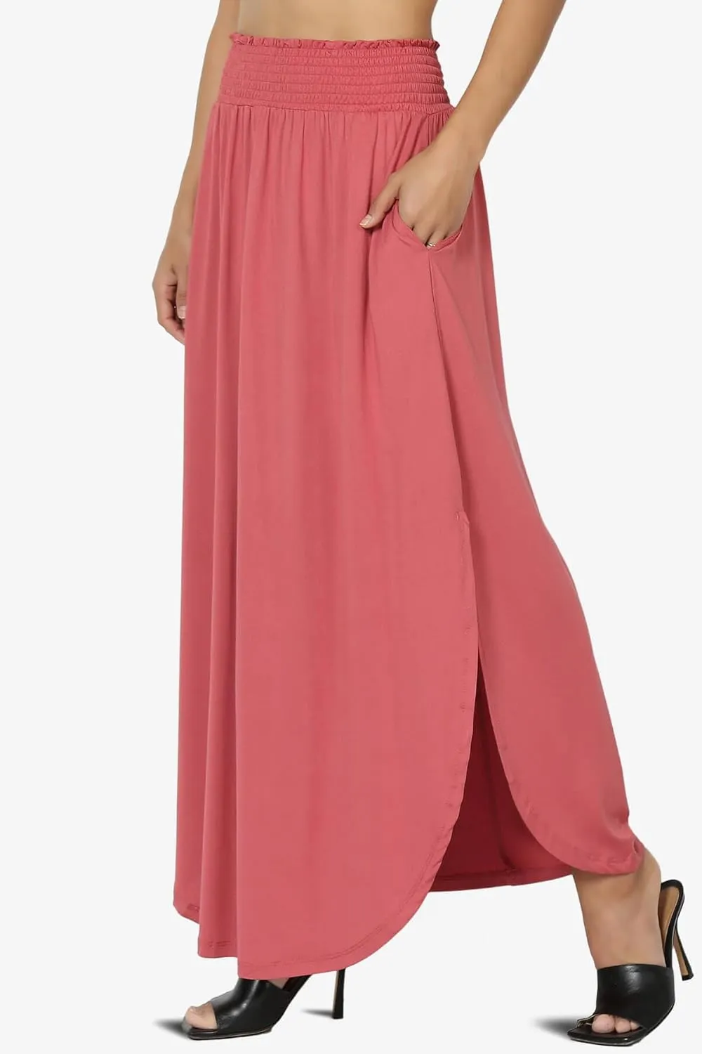 TheMogan Women's Smocked Waist Band Side Split Curved Hem Long Maxi Skirt with Pocket