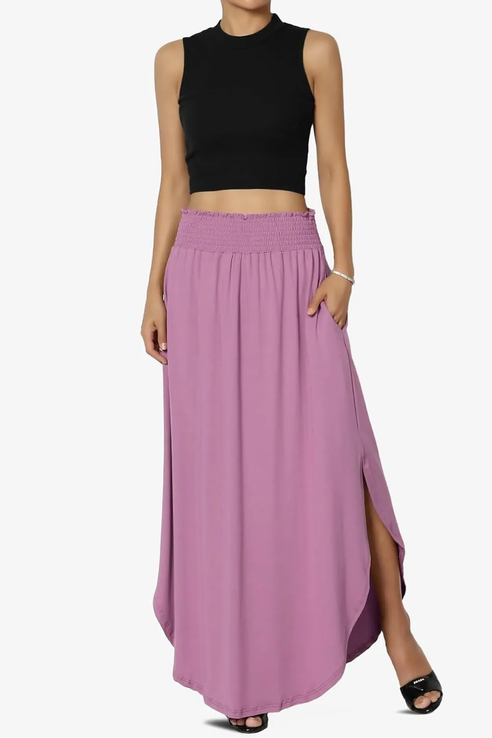 TheMogan Women's Smocked Waist Band Side Split Curved Hem Long Maxi Skirt with Pocket