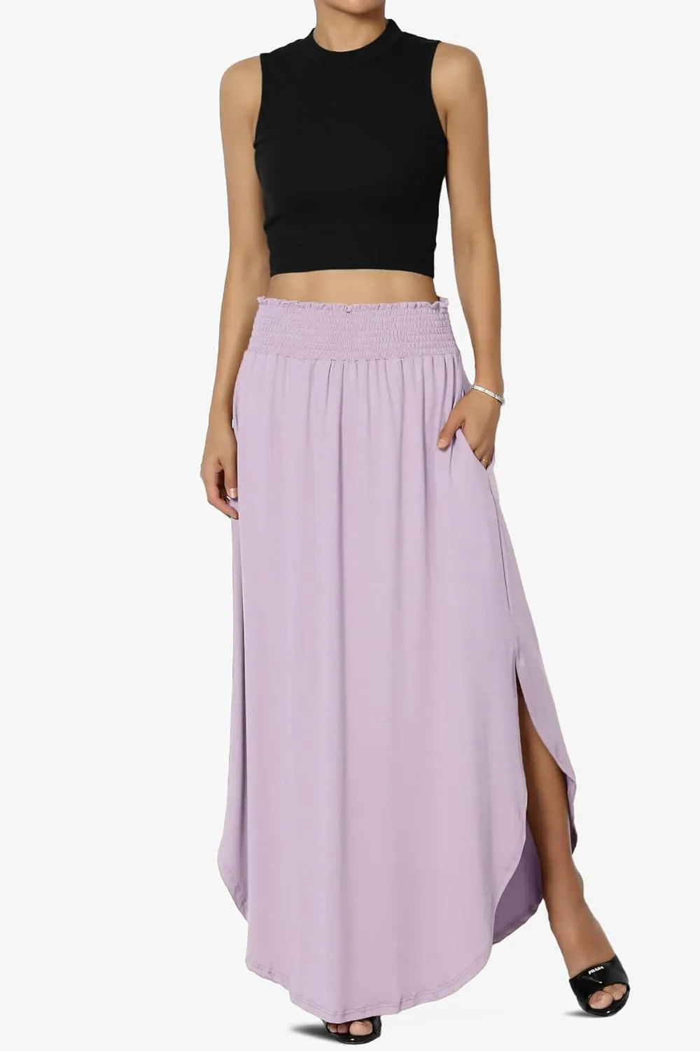 TheMogan Women's Smocked Waist Band Side Split Curved Hem Long Maxi Skirt with Pocket