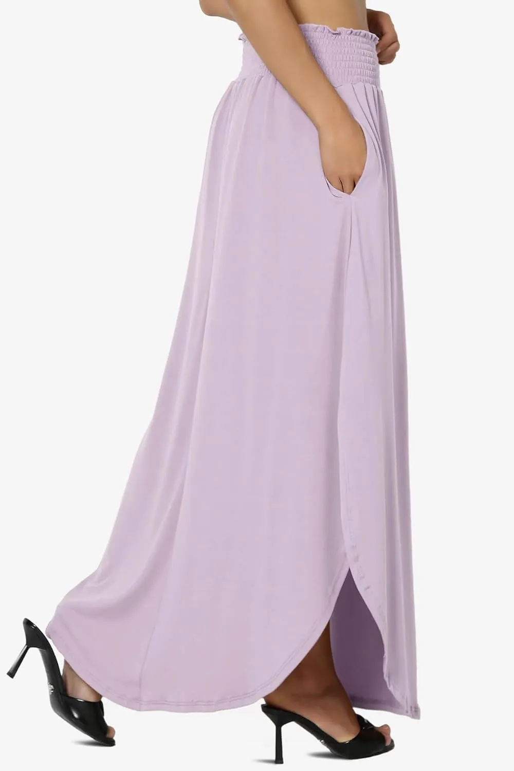 TheMogan Women's Smocked Waist Band Side Split Curved Hem Long Maxi Skirt with Pocket