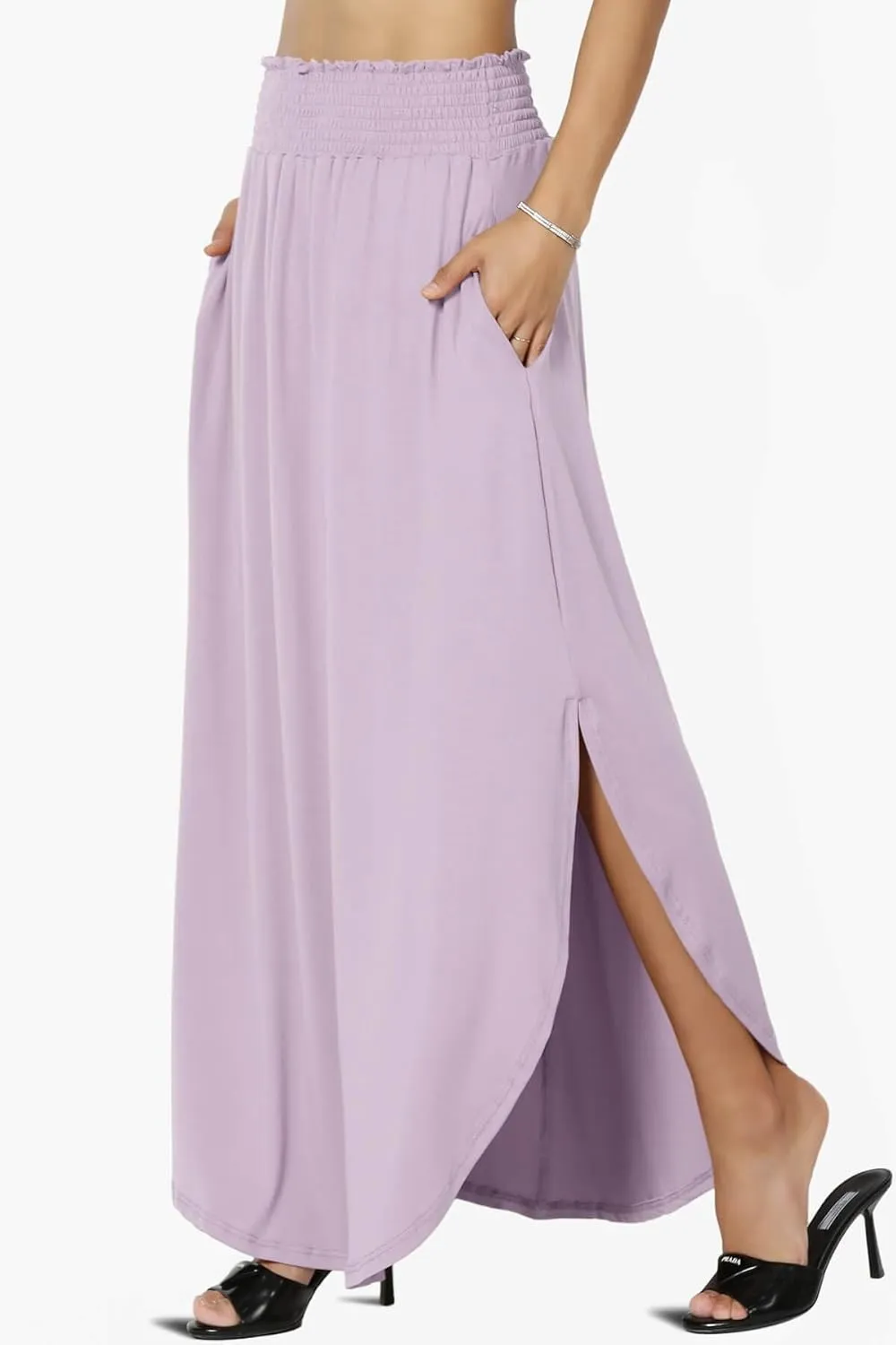 TheMogan Women's Smocked Waist Band Side Split Curved Hem Long Maxi Skirt with Pocket