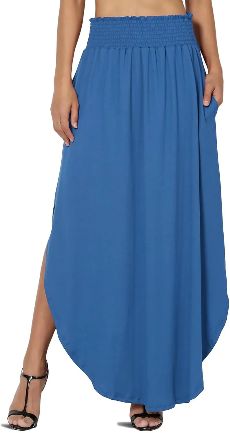 TheMogan Women's Smocked Waist Band Side Split Curved Hem Long Maxi Skirt with Pocket