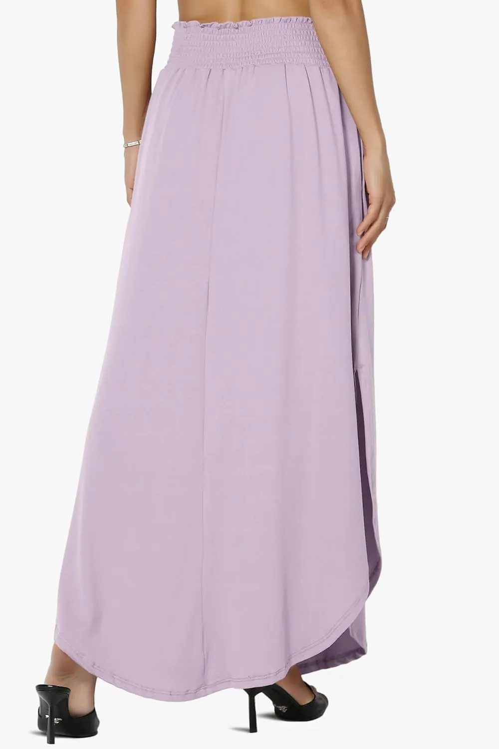 TheMogan Women's Smocked Waist Band Side Split Curved Hem Long Maxi Skirt with Pocket
