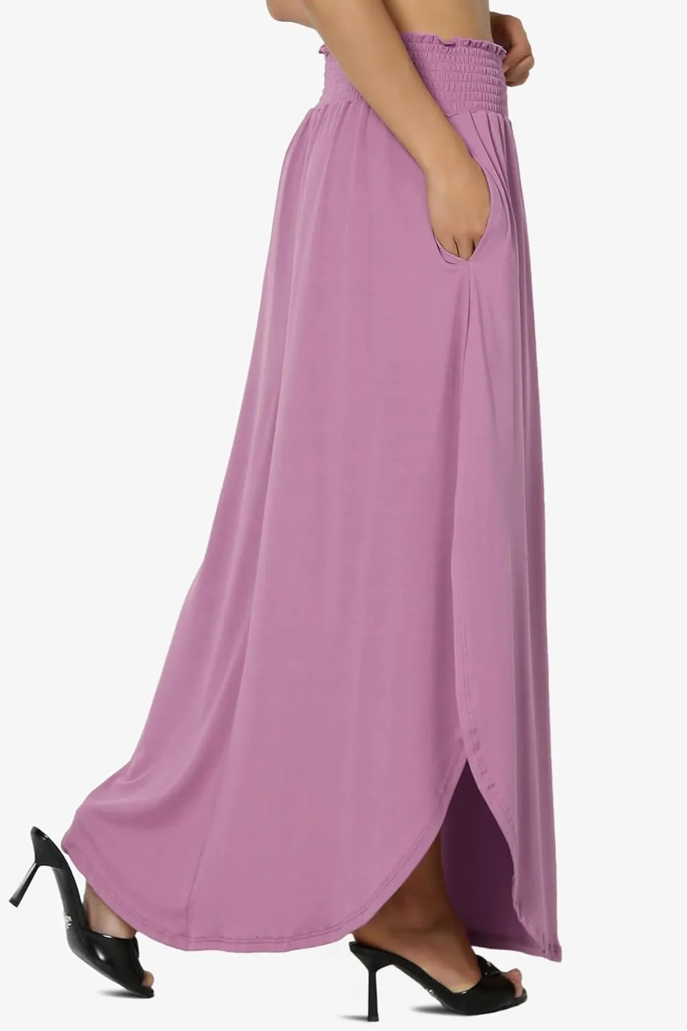 TheMogan Women's Smocked Waist Band Side Split Curved Hem Long Maxi Skirt with Pocket