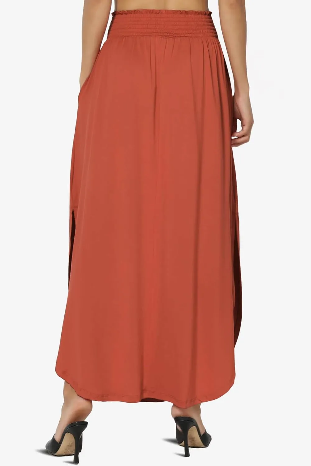 TheMogan Women's Smocked Waist Band Side Split Curved Hem Long Maxi Skirt with Pocket