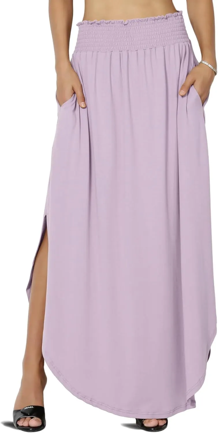 TheMogan Women's Smocked Waist Band Side Split Curved Hem Long Maxi Skirt with Pocket