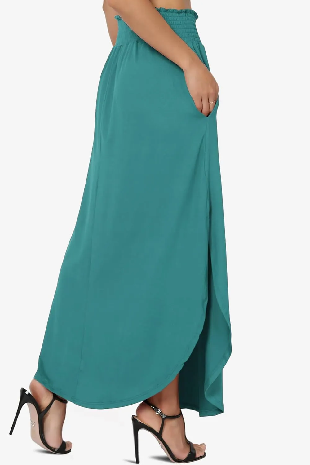 TheMogan Women's Smocked Waist Band Side Split Curved Hem Long Maxi Skirt with Pocket