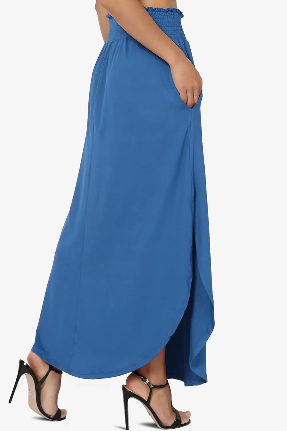 TheMogan Women's Smocked Waist Band Side Split Curved Hem Long Maxi Skirt with Pocket