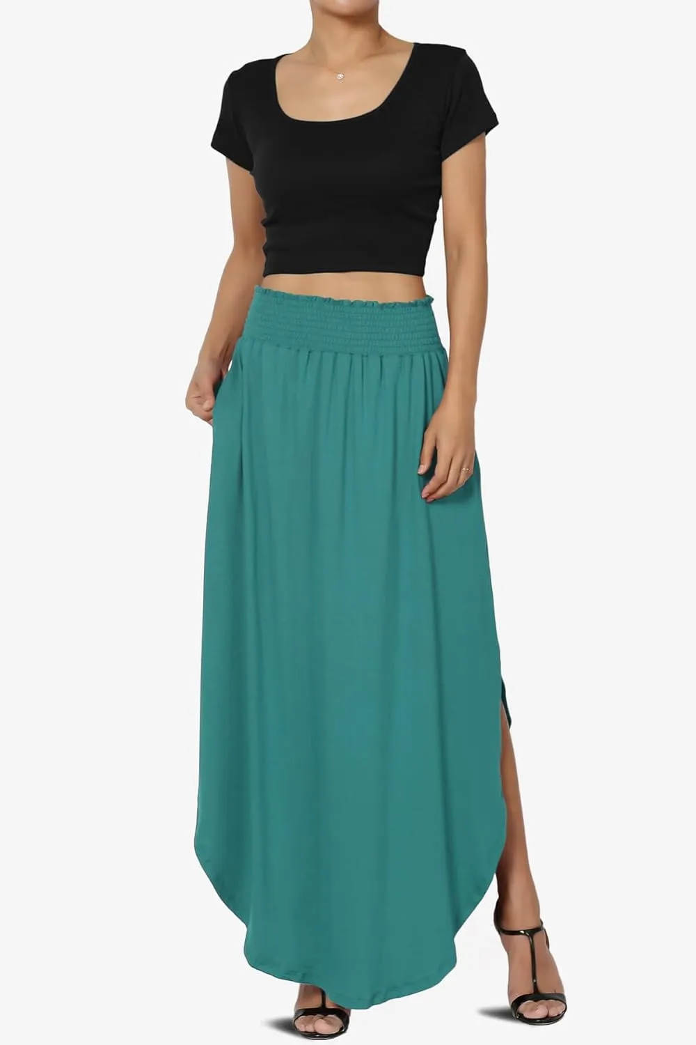 TheMogan Women's Smocked Waist Band Side Split Curved Hem Long Maxi Skirt with Pocket