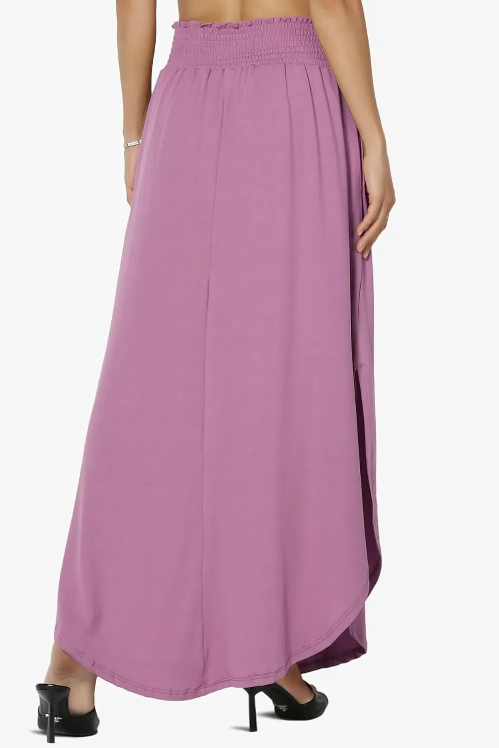 TheMogan Women's Smocked Waist Band Side Split Curved Hem Long Maxi Skirt with Pocket