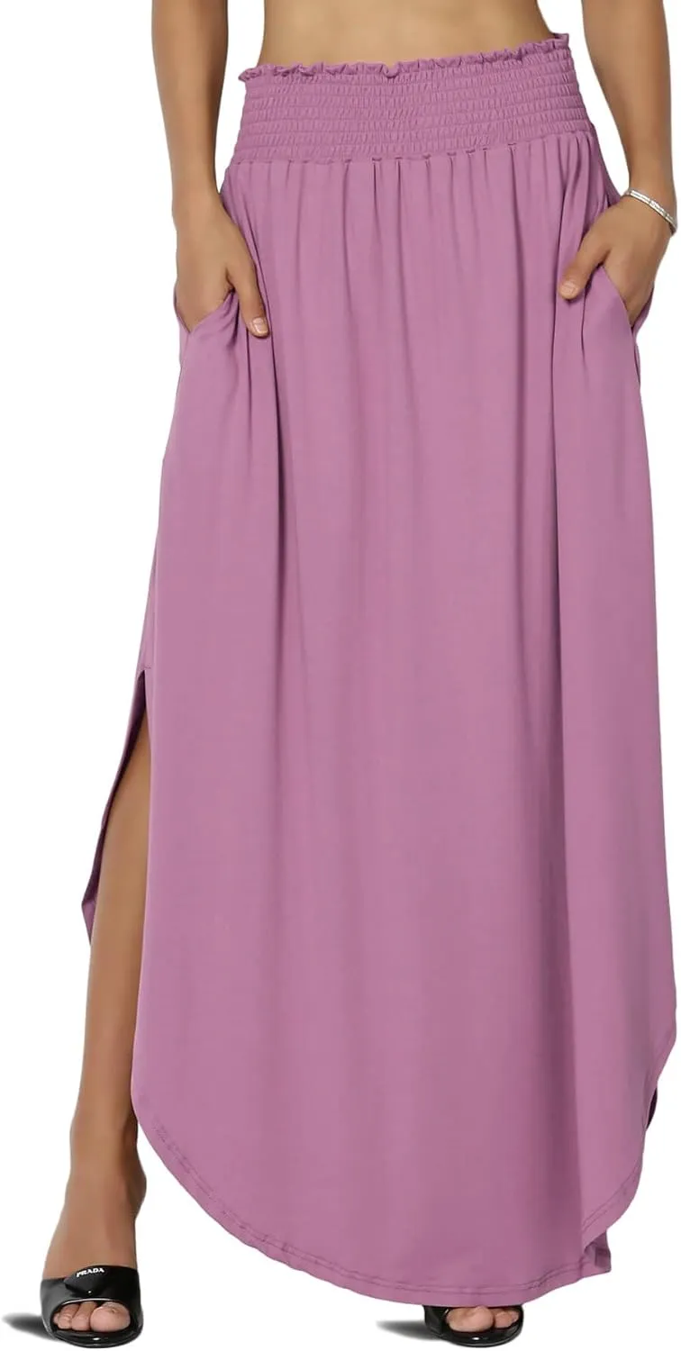 TheMogan Women's Smocked Waist Band Side Split Curved Hem Long Maxi Skirt with Pocket