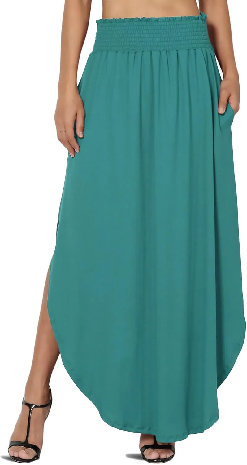 TheMogan Women's Smocked Waist Band Side Split Curved Hem Long Maxi Skirt with Pocket