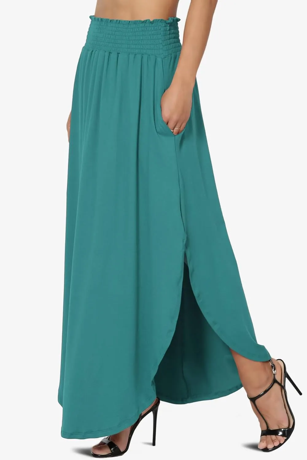 TheMogan Women's Smocked Waist Band Side Split Curved Hem Long Maxi Skirt with Pocket