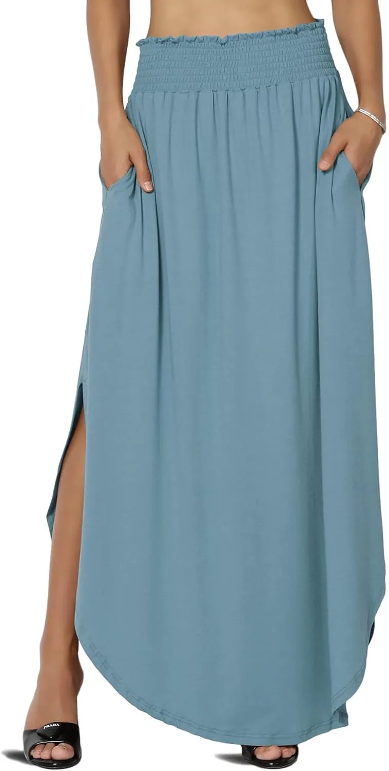 TheMogan Women's Smocked Waist Band Side Split Curved Hem Long Maxi Skirt with Pocket