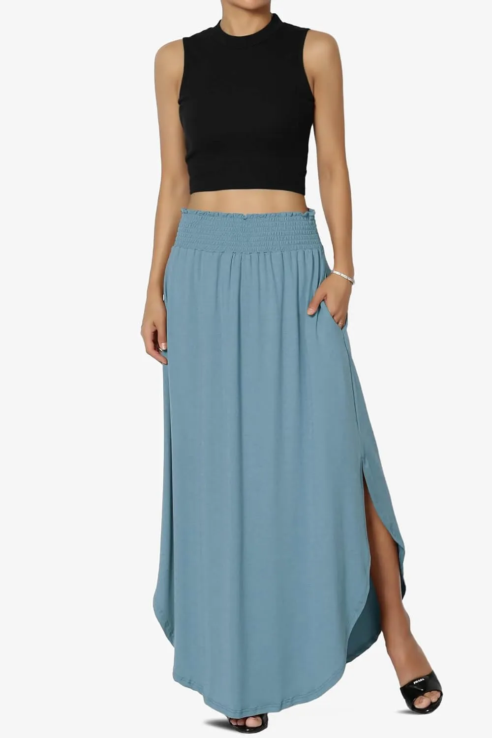 TheMogan Women's Smocked Waist Band Side Split Curved Hem Long Maxi Skirt with Pocket