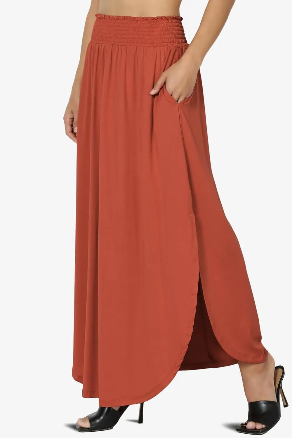 TheMogan Women's Smocked Waist Band Side Split Curved Hem Long Maxi Skirt with Pocket