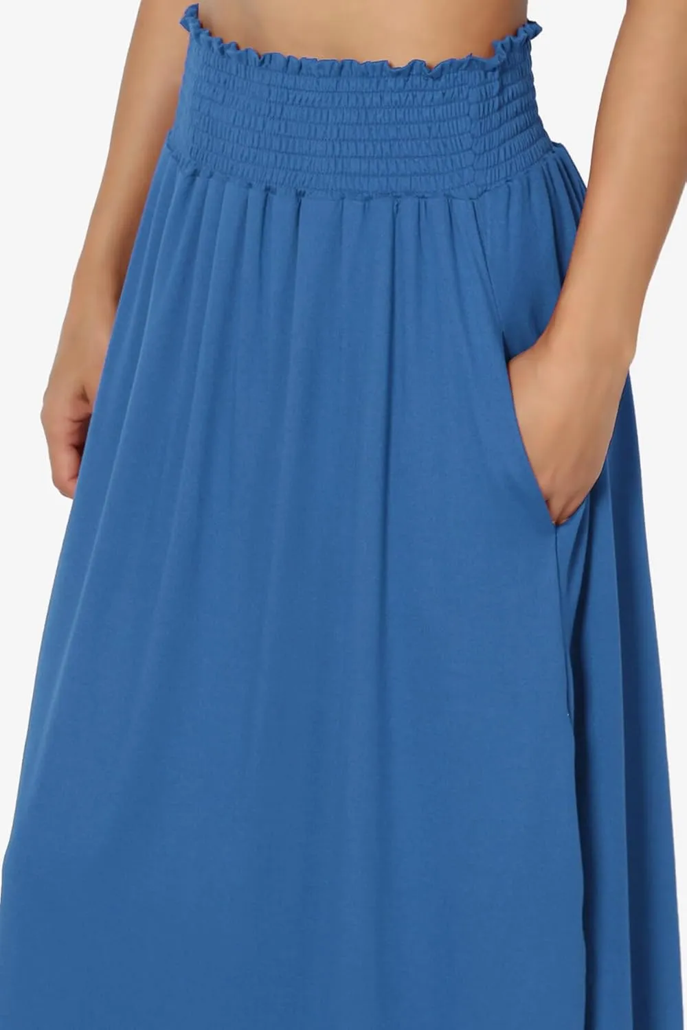 TheMogan Women's Smocked Waist Band Side Split Curved Hem Long Maxi Skirt with Pocket