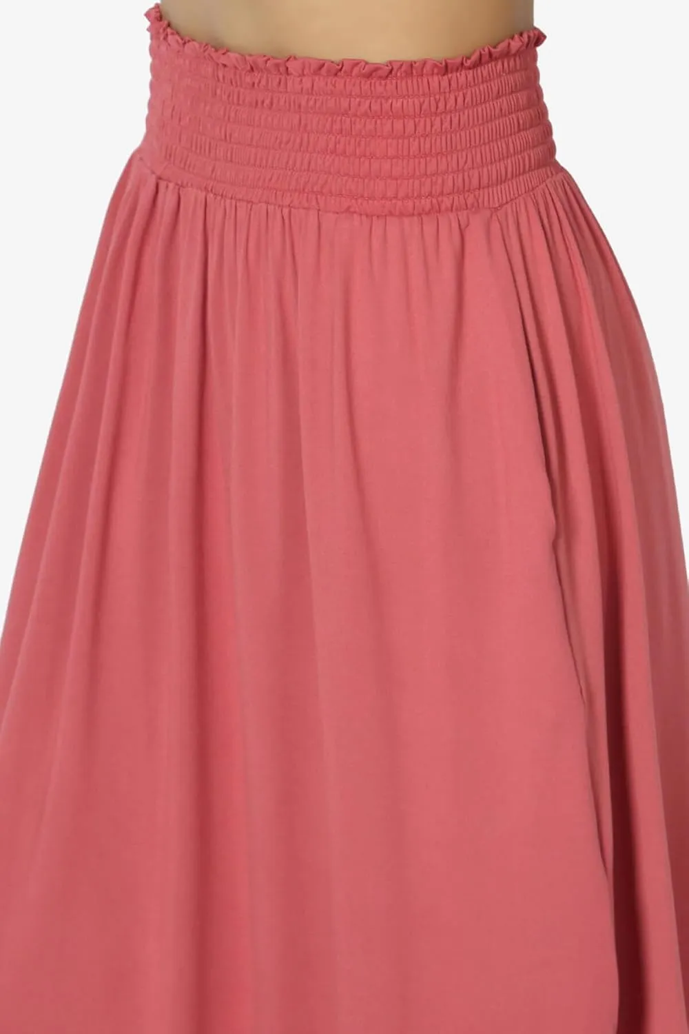 TheMogan Women's Smocked Waist Band Side Split Curved Hem Long Maxi Skirt with Pocket