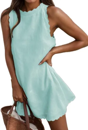 TIAFORD Women's Cotton Linen Sleeveless Scallop Tank Dress Summer Back Zipper Mini Sundress Casual Beach Short Dresses